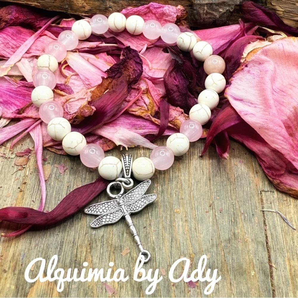 SUMMER + Cream turquoise and Pink quartz Beaded Bracelet with Dragonfly Charm
